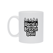 "World's Bested Devil" in black outline on the back side of the white mug