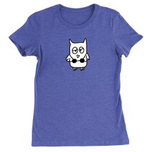 The drawful owl wearing a bikini is printed in black and white on a royal blue women's tee shirt