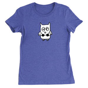 The drawful owl wearing a bikini is printed in black and white on a royal blue women's tee shirt