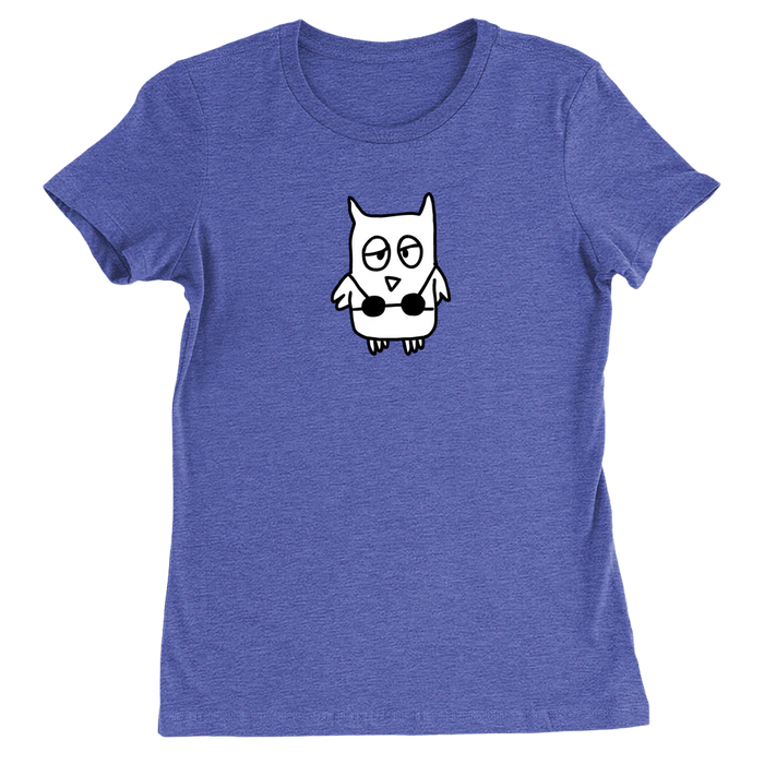 The drawful owl wearing a bikini is printed in black and white on a royal blue women's tee shirt