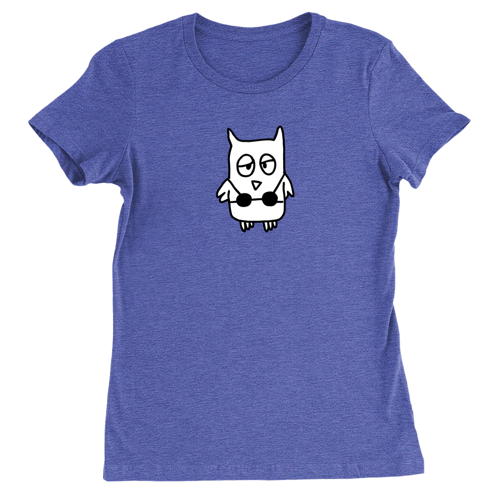 The drawful owl wearing a bikini is printed in black and white on a royal blue women's tee shirt