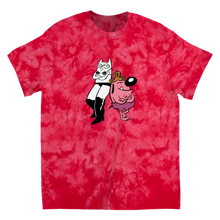 Red tie dye t-shirt printed with the "Dirty Drawful" Owl and In Dawg Dawg from "Fakin’ It All Night Long" wearing a sleuth hat.