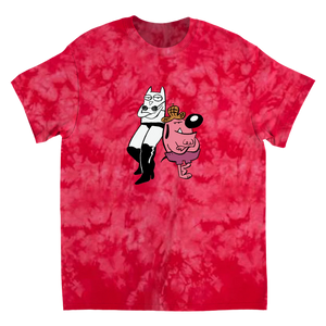 Red tie dye t-shirt printed with the "Dirty Drawful" Owl and In Dawg Dawg from "Fakin’ It All Night Long" wearing a sleuth hat.