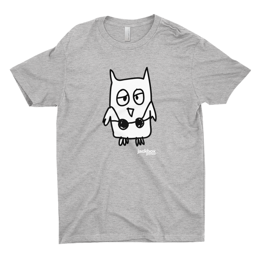 Heather grey tee with the Drawful owl character printed in black and white 