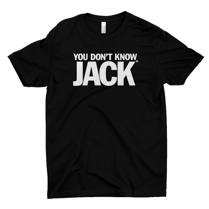 Black t-shirt with white You Don't Know Jack logo type