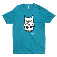 turquoise blue tee with the Drawful owl character printed in black and white 
