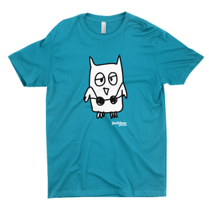 turquoise blue tee with the Drawful owl character printed in black and white 