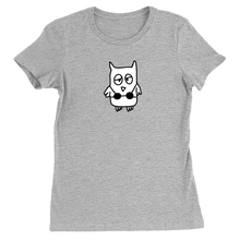 The drawful owl wearing a bikini is printed in black and white on a heather grey women's tee shirt.