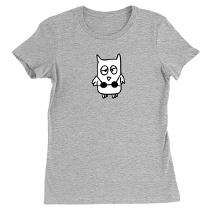 The drawful owl wearing a bikini is printed in black and white on a heather grey women's tee shirt.