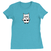 The drawful owl wearing a bikini is printed in black and white on an aqua women's tee shirt