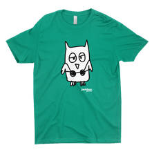 Kelly green tee with the Drawful owl character printed in black and white 