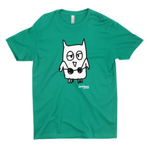 Kelly green tee with the Drawful owl character printed in black and white 