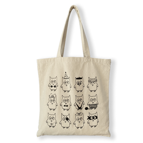 Natural canvas tote  printed in black with Drawful Owls.