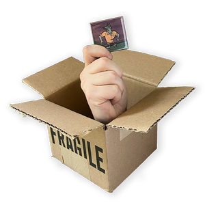 a hand reaches out of a cardboard box holding a square werewolf magnet 